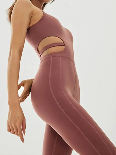 Babe Beachwaer asymmetrical neck activewear jumpsuit for women in mauve with side cut-out design