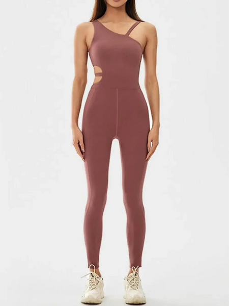 Babe Beachwaer asymmetrical neck activewear jumpsuit for women in mauve with cutout sides
