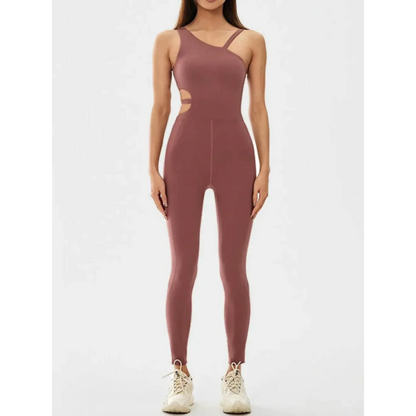 Babe Beachwaer asymmetrical neck activewear jumpsuit for women in mauve with cutout sides