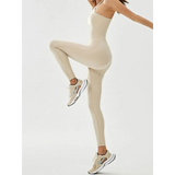 Babe Beachwear asymmetrical neck activewear jumpsuit for women in beige stretchy fabric with slim fit