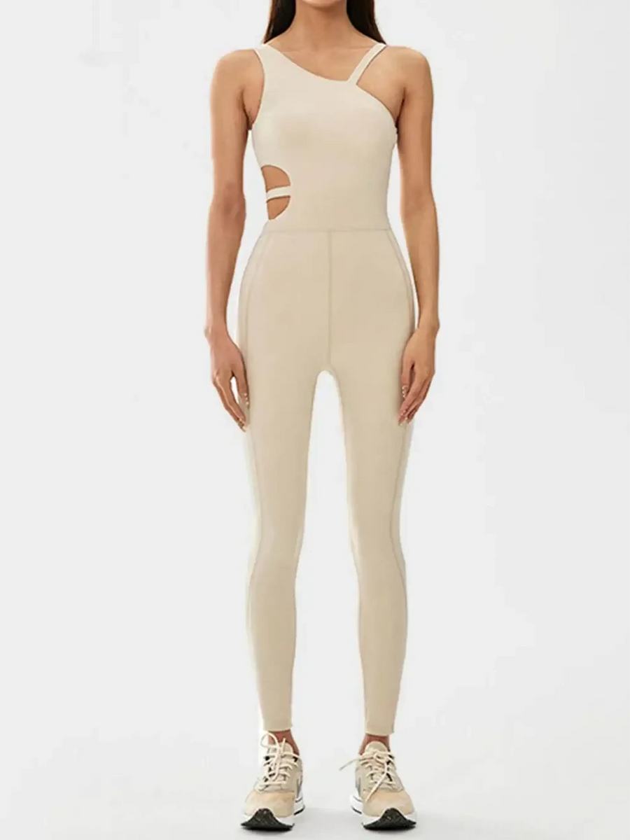Beige asymmetrical neck activewear jumpsuit for women by Babe Beachwear with side cutouts