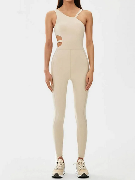 Beige asymmetrical neck activewear jumpsuit for women by Babe Beachwear with side cutouts