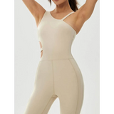 Babe Beachwear beige asymmetrical neck activewear jumpsuit for women with cutout side detail