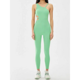 Babe Beachwaer green asymmetrical neck activewear jumpsuit for women with side cutouts and fitted leggings