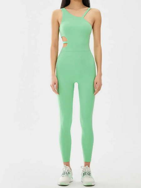 Babe Beachwaer green asymmetrical neck activewear jumpsuit for women with side cutouts and fitted leggings
