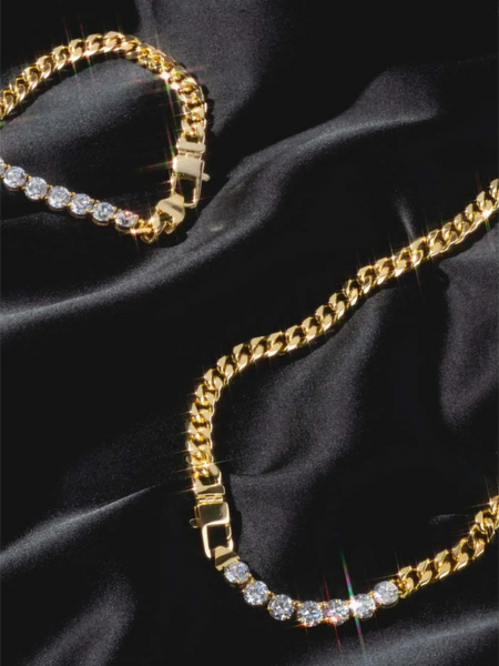 Trendsi gold chain necklace with clear stones, stylish affordable gold jewelry for beachwear on black fabric