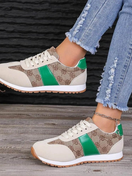 Trendsi affordable summer flat sneakers in beige and green with stylish pattern and white sole