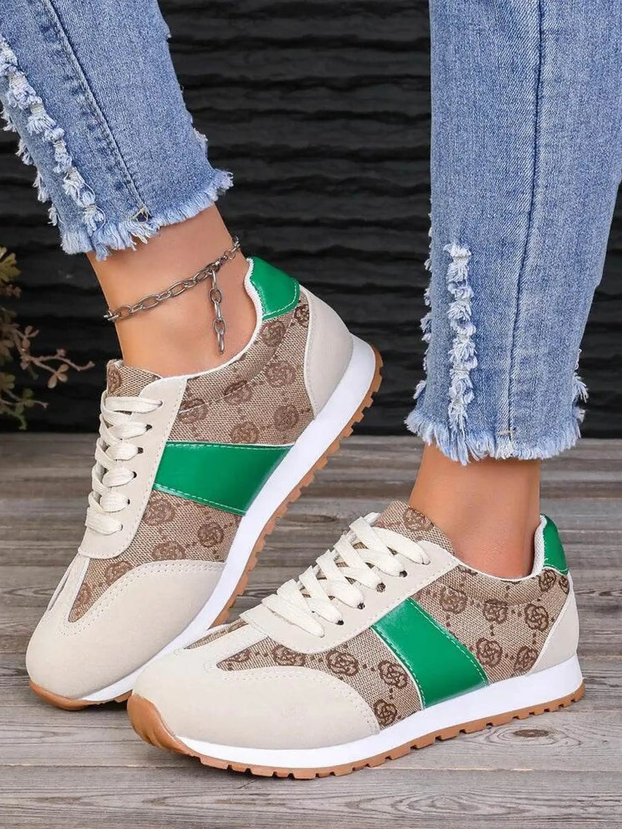Trendsi affordable summer flat sneakers with green accents and patterned beige design
