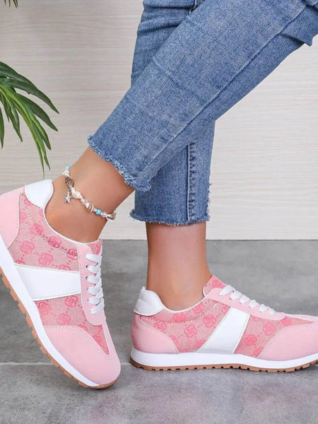 Trendsi affordable summer flat sneakers in pink and white with floral pattern and lace-up design