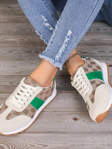Trendsi affordable summer flat sneakers with green accent and beige patterned design on wooden floor