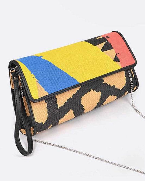 Babe Beachwear artsy multi color stylish resort clutch for women with chain strap and bold abstract design
