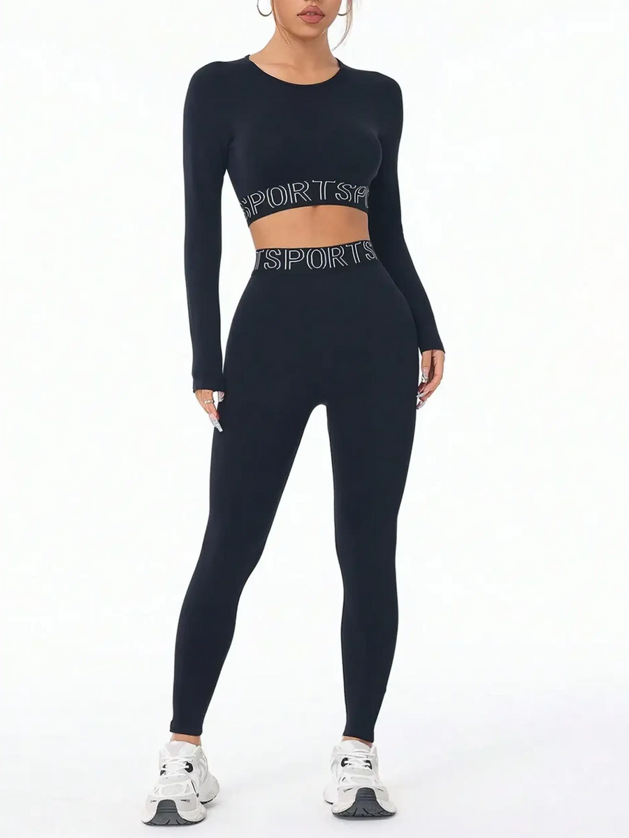Trendsi branded leggings and tank outfit in black with long sleeves and sports logo waistband