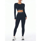 Trendsi branded leggings and tank outfit in black with long sleeves and sports logo waistband
