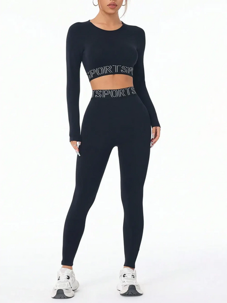 Trendsi branded leggings and tank outfit in black with long sleeves and sports logo waistband