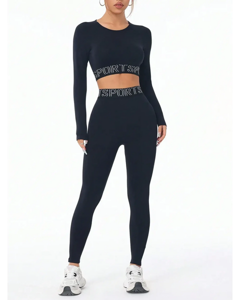 Trendsi branded leggings and tank outfit in black with long sleeves and sports logo waistband