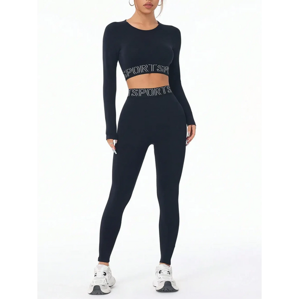 Trendsi branded leggings and tank outfit in black with long sleeves and sports logo waistband