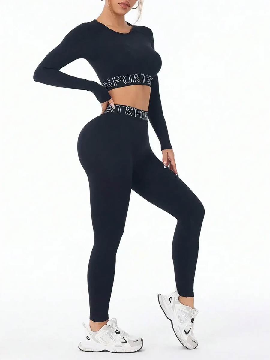 Trendsi branded leggings and tank outfit in black long sleeve active set with white sneakers