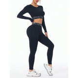 Trendsi branded leggings and tank outfit in black long sleeve active set with white sneakers