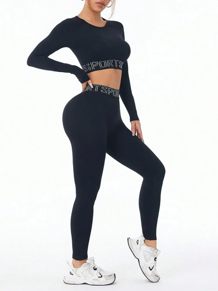 Trendsi branded leggings and tank outfit in black long sleeve active set with white sneakers