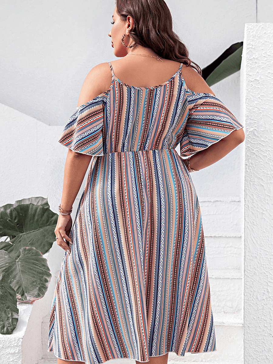 Trendsi striped cold shoulder midi dress with ruffle sleeves and adjustable straps