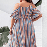 Trendsi striped cold shoulder midi dress with ruffle sleeves and adjustable straps