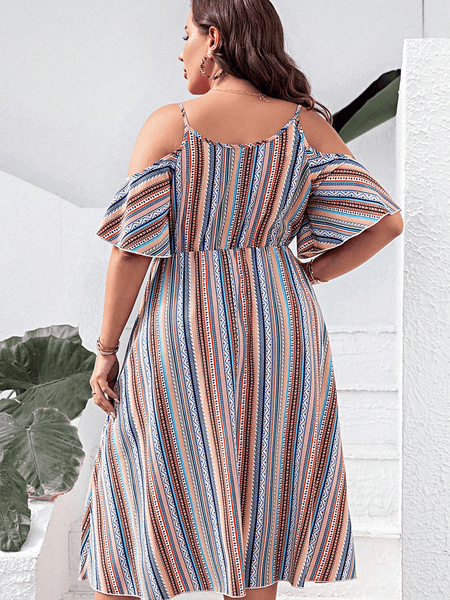 Trendsi striped cold shoulder midi dress with ruffle sleeves and adjustable straps