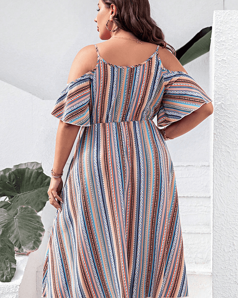 Trendsi striped cold shoulder midi dress with ruffle sleeves and adjustable straps