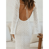 Trendsi white backless flare sleeve lace dress with intricate circular lace pattern and open back design