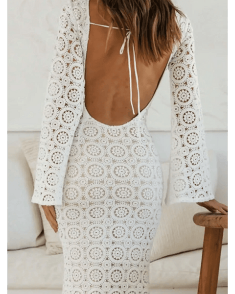 Trendsi white backless flare sleeve lace dress with intricate circular lace pattern and open back design