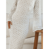 Trendsi white backless flare sleeve lace dress maxi with circular lace pattern and flared sleeves
