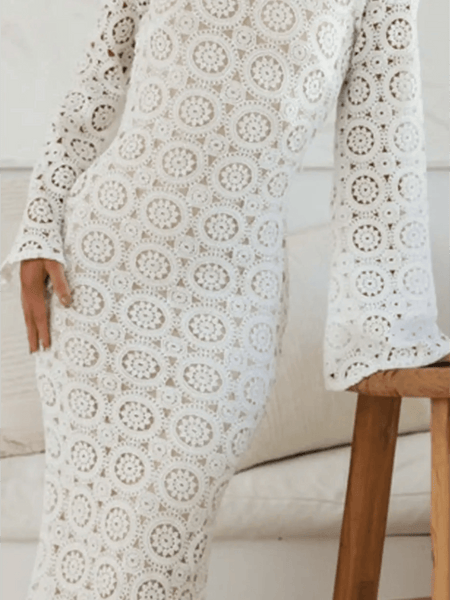 Trendsi white backless flare sleeve lace dress maxi with circular lace pattern and flared sleeves
