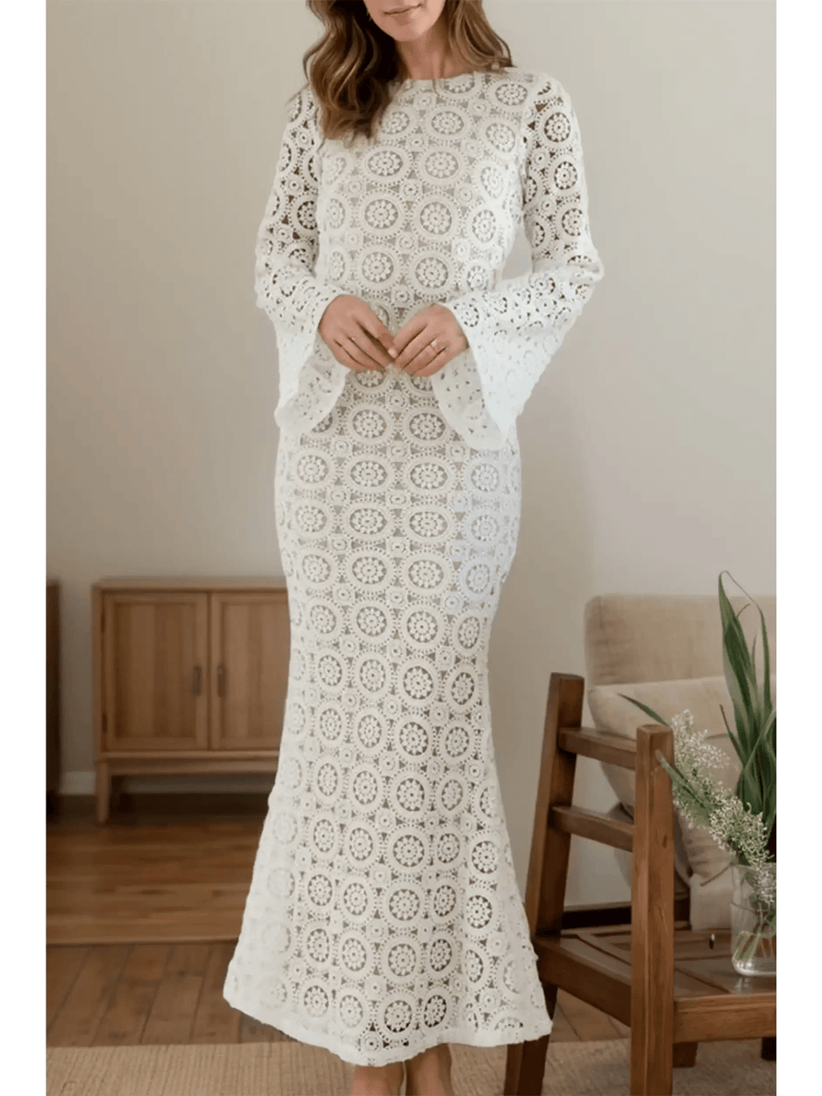Trendsi white backless flare sleeve lace dress maxi dress with intricate circular lace pattern