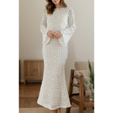Trendsi white backless flare sleeve lace dress maxi dress with intricate circular lace pattern