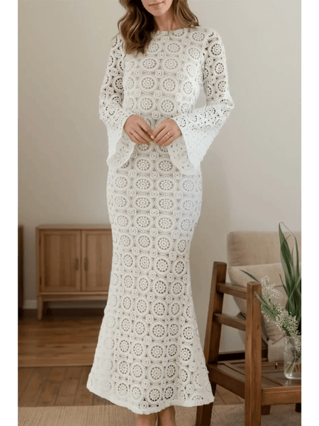 Trendsi white backless flare sleeve lace dress maxi dress with intricate circular lace pattern