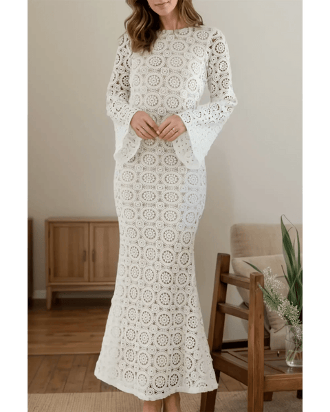 Trendsi white backless flare sleeve lace dress maxi dress with intricate circular lace pattern