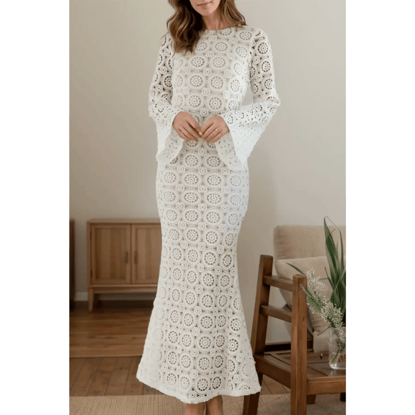 Trendsi white backless flare sleeve lace dress maxi dress with intricate circular lace pattern