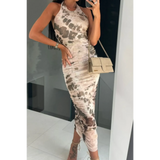 Trendsi backless halter dress in beige and brown tie-dye pattern midi length with fitted silhouette