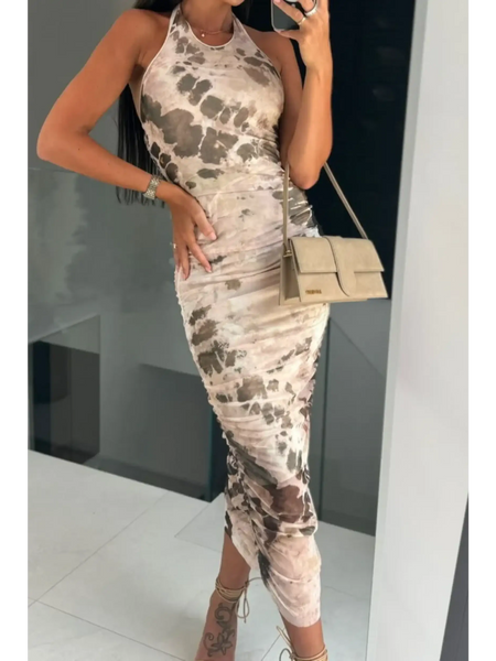 Trendsi backless halter dress in beige and brown tie-dye pattern midi length with fitted silhouette