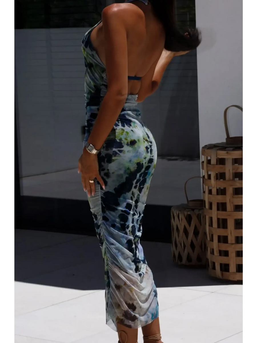 Trendsi backless halter dress midi length with blue and green tie-dye pattern and ruched sides