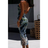 Trendsi backless halter dress midi length with blue and green tie-dye pattern and ruched sides