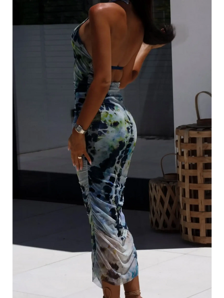 Trendsi backless halter dress midi length with blue and green tie-dye pattern and ruched sides