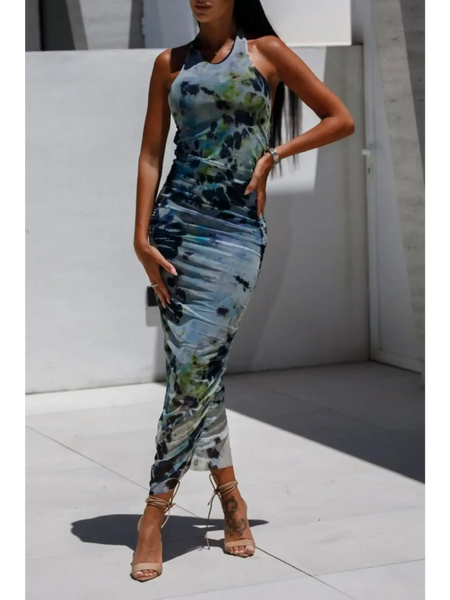 Trendsi blue green patterned midi backless halter dress with ruched detailing and ankle tie heels
