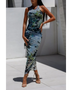 Trendsi blue green patterned midi backless halter dress with ruched detailing and ankle tie heels