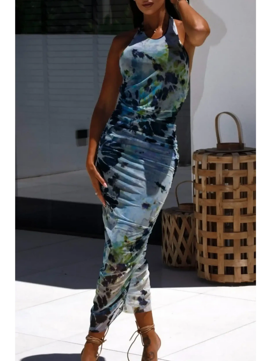 Trendsi backless halter dress midi length with blue and green tie-dye pattern for summer