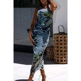 Trendsi backless halter dress midi length with blue and green tie-dye pattern for summer