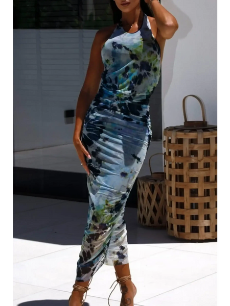 Trendsi backless halter dress midi length with blue and green tie-dye pattern for summer