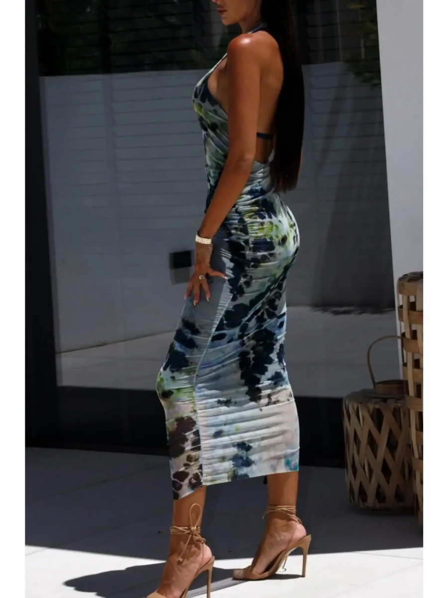 Trendsi backless halter dress midi length with blue and green tie-dye pattern and open back design
