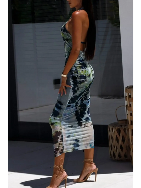 Trendsi backless halter dress midi length with blue and green tie-dye pattern and open back design