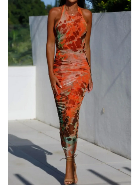 Trendsi backless halter dress midi length with orange and brown tie-dye pattern and fitted silhouette
