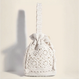 White crocheted drawstring bag, boho shoulder bag with intricate braided details